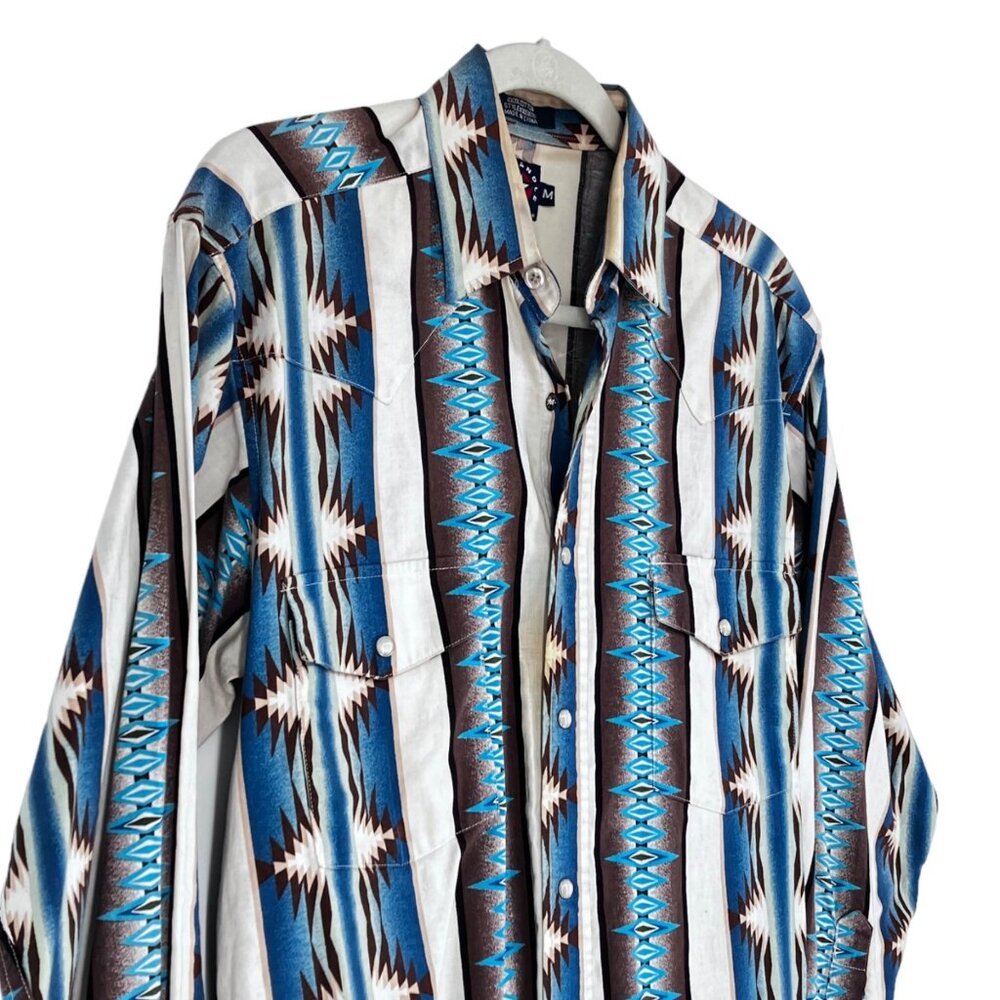 Vtg Panhandle Slim Western Pearl Snap Shirt Mens M Tan Brown Blue Aztec Print - Picture 3 of 12